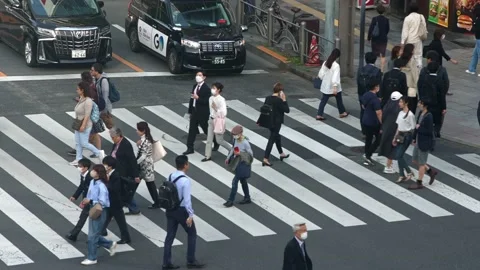 Slowmotion elevated view of Japanese people crossing a pedestrian crossing zone. Stock Footage 239504147