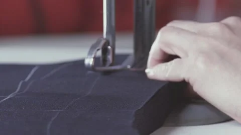Slowmotion. Textile factory. Tools for sewing. Blue fabric Stock Footage 68938680
