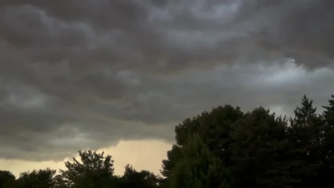 Slow‑moving dark rain clouds forming with tree line and skyline Stock-Footage 339288926