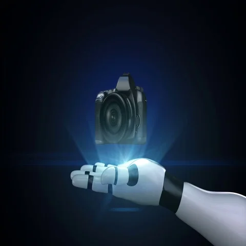 SLR camera. flash on robot cyborg palm, hand. Stock Footage
