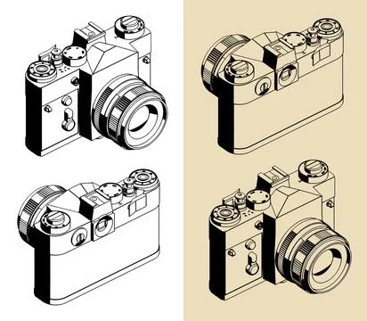 SLR camera isometric illustrations Illustrazione stock