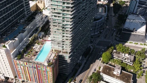 SLS Brickell Building Reflections right to left by Drone 4k Stock Footage 127206669