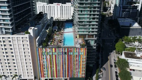 SLS Brickell Building Reflections right to left by Drone 4k Stock Footage 127207290
