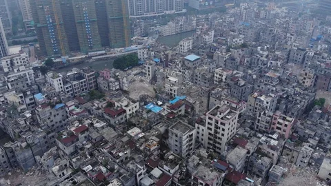 Slum clearance, large block of small old houses, modern buildings around 스톡 동영상 92492167