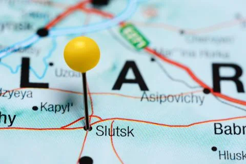 Slutsk pinned on a map of Belarus Foto stock