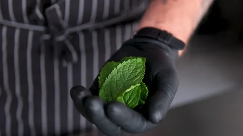 Smack mint with hand. Add mint to glass. Making lemonade, summer drink, cold Stock Footage 278577407