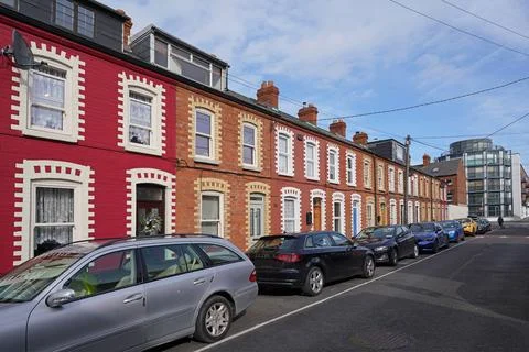 Small 19th century working class houses near Dublin's high tech district, now Stock Photos