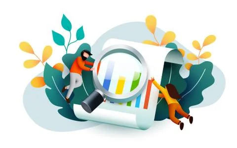Small 3d flying and analyzing diagram data with magnifying glass. Business audit Illustrazione stock