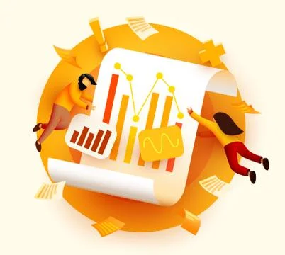 Small 3d flying and analyzing diagram data. Business audit concept. Stock Illustration