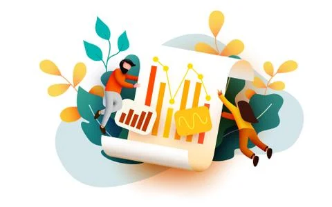 Small 3d flying and analyzing diagram data. Business audit concept. Stock Illustration