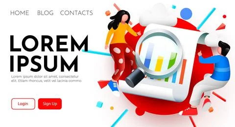 Small 3d flying and analyzing diagram data with magnifying glass. Business audit Stock Illustration