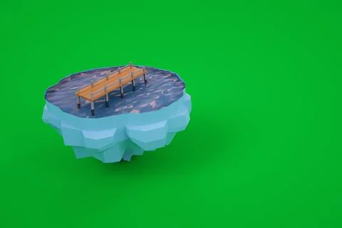 Small 3D model of a bridge across the water. Small model of an island with a Ilustración de archivo
