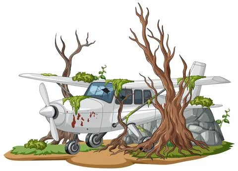 Small Abandoned Airplane Overgrown by Trees and Moss Stock Illustration