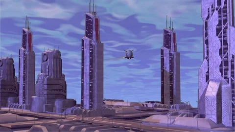 Small aircraft in flight between skyscrapers. Stock Footage 116714741