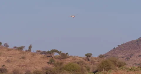A small aircraft flying over hilly dry grassland at midday Stock Footage 310977217