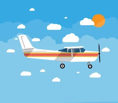 Small airplane in air with sky, clouds and sun Stock Illustration