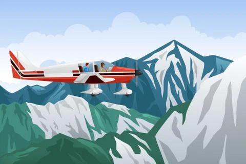 Small Airplane Flying Across the Mountains Stock Illustration