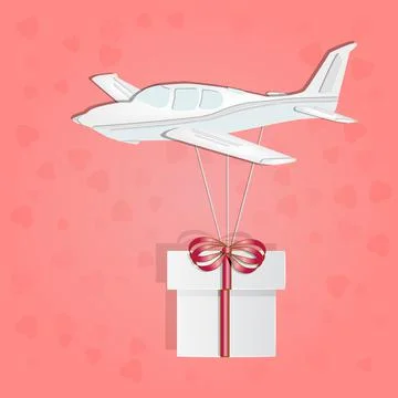 Small airplane with gift box isolated on pink background. Paper cut design. Stock Illustration