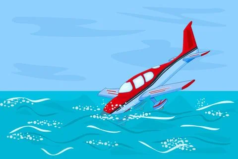 Small airplane sinking in sea. Light aircraft going under water. Stock Illustration