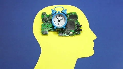 Small alarm clock and circuit board on male head contour Stock-Footage 86356921