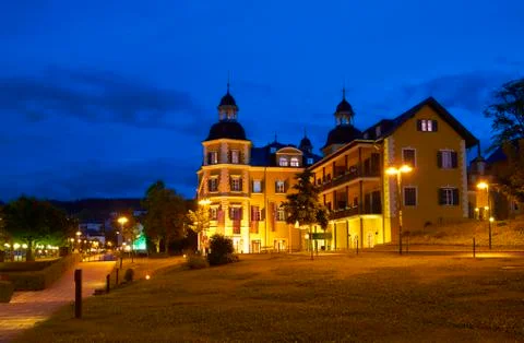 Small alpine town at dusk. Stock Photos