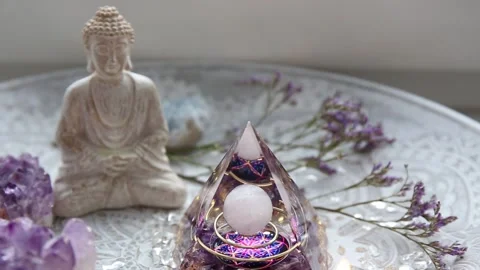 Small altar with Orgonite or Orgone pyramid in home interior. Stock Footage 169640613