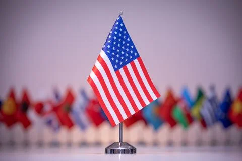 A small american flag is sitting in front of a row of small flags Stock Illustration