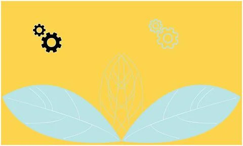 Small and big gear icon above leave on yellow background Ilustração Stock