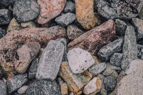 Small and big smooth round pebbles, sea dry stones, multicolour gray gravel Stock Photos