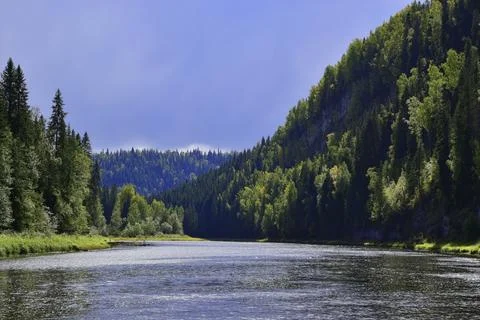 The small and fast Ural river Usva, flowing at the foot of the Usvinskie Stol Stock Photos