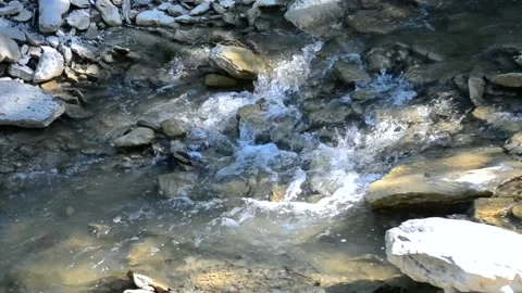 Small and shallow rocky river with rapids and waterfalls flows in the mountains Stock Footage 140079806