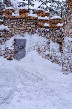 Small architectural forms in winter, covered with snow Stock Photos