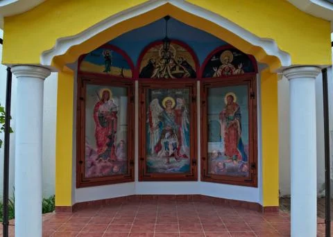 Small arranged open chapel in monastery, Serbia Stock Photos