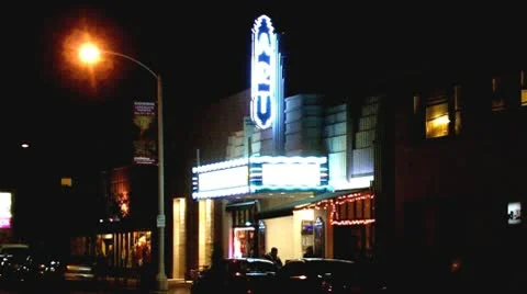 Small Art House Neighborhood Movie Theater- Night  Stock Footage