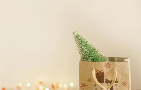 A small artificial Christmas tree in a craft paper gift bag Stock Photos