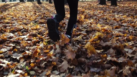 A small, athletic girl runs bouncing on autumn leaves in the Park on a sunny 스톡 동영상 127353896