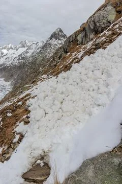Small avalanche blocking hiking path in alpine region 库存照片
