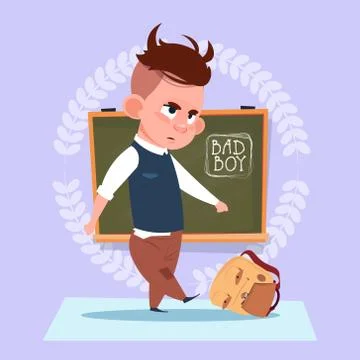 Small Bad School Boy Standing Over Class Board Hooligan Schoolboy Education Ilustração Stock