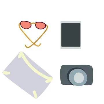 Small bag, camera and sunglassses for hand luggage. Stock Illustration