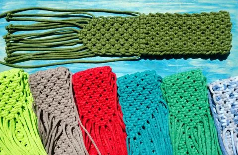 Small bags knitted with macrame technique. Stock Photos