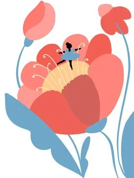 Small ballerina dancing on a large bloom with petals and pistils. Abstract fl Иллюстрация