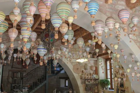 Small Balloons Hanging on Threads in a Ceramic Shop Stock Photos