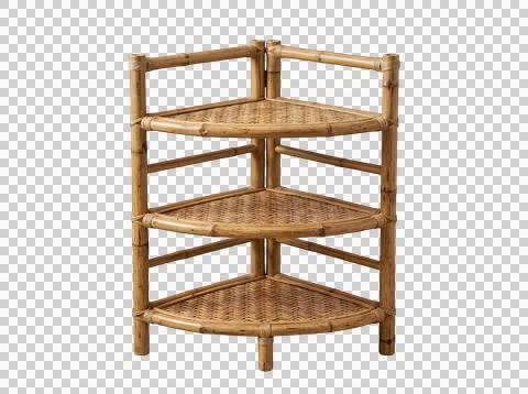 Small bamboo corner shelf unit with three tiers isolated on transparent bac.. Stock Photos