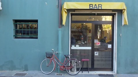 Small Bar Facade With Bicycle Stock Footage 99185549