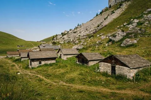 Small barns high on the Tour d' Ai above Leysin, canton of Vaud, Switzerland Stock Photos