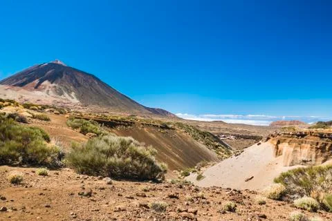 A small barranco in front of the Pico del Teide in the caldera of Tenerife, S Stock Photos