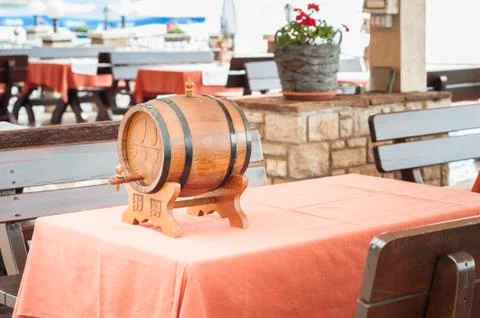Small barrel of wine on table Stock Photos