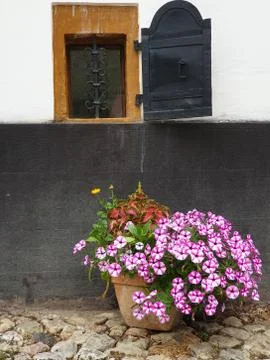 Small basement window, flowers in front, Rimetea Stock Photos