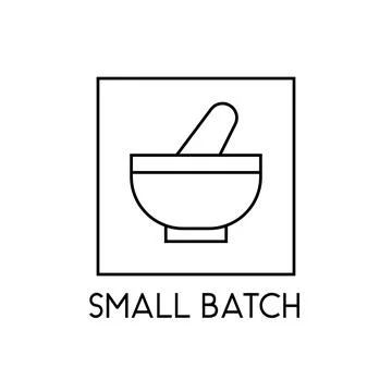 Small batch eco product label with mortar and pestle line art icon Stock Illustration