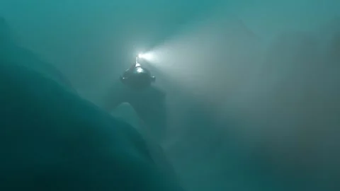 Small bathyscaphe inspects the bottom of the sea 3d animation marine background Stock Footage 188560028